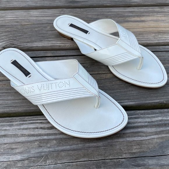 Louis Vuitton Women Sandal Shoes White Leather Thong Flat Made in Italy Size 40 - Picture 3 of 13